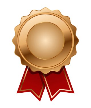 Kırmızı kurdele vektörlü bronz madalya. Mühür ödülü bronz. Madalya rozeti birinci sınıf simgeler. Boş madalya şablonu.