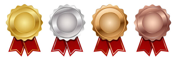 Set of medal with red ribbon vector. Set of seal award. Medal badge icons premium. Blank medal template.