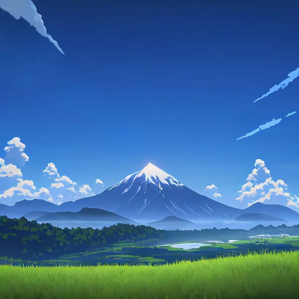Beautiful landscape mount Fuji. Fuji mount landscape paint style. Green fields and mount Fuji. Generated by AI