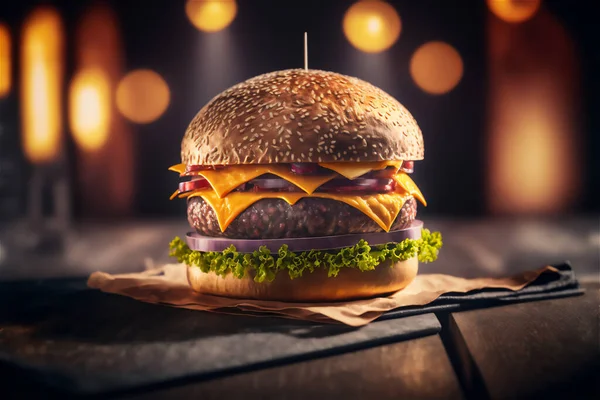 Tasty burger in a restaurant, on a blurred background. Illustration of burger for menu. Generated by AI