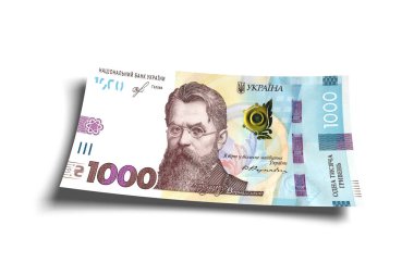 Bin tane Hryvnia banknotu. İzole edilmiş beyaz arkaplandaki Hryvnia banknotunu kapat.