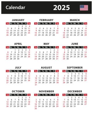 2025 Calendar - vector stock illustration. English American version clipart