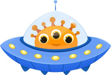 Sevimli uzay karakterleri, uçan uzay gemisindeki uzaylılar, Clipart, parlak illüstrasyon