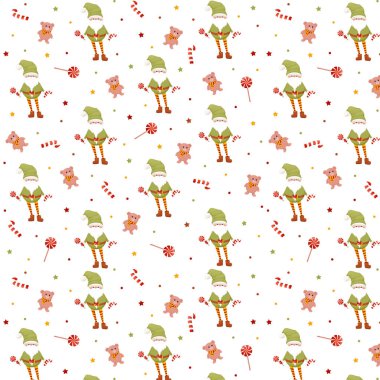 Sihirli cücelerle kusursuz desenler. Sihirli Noel karakteri, sakallı cüce, hediyeli cüce, tatlı, pozitif karakter