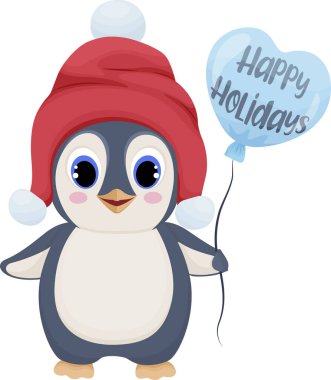 Kutlayıcı bir yazı, mutlu noeller, karakter çizimi, çizgi film karakteri, kış eğlencesi, kış eğlencesi ve tatil içeren şirin çocuk çizimleri olan bir balon tutan sevimli penguen.