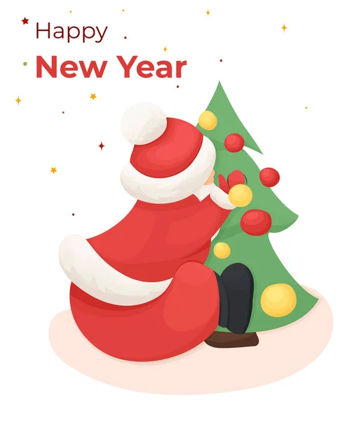 Grußkarte Mit Einem Glücklichen Cartoon Weihnachtsmann Weihnachtsmann Schmückt Den Weihnachtsbaum — Stockvektor