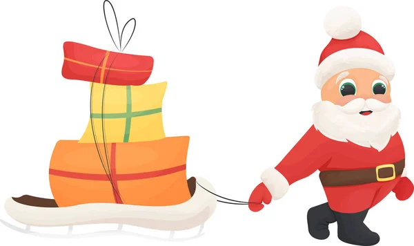 陽気な漫画サンタとグリーティングカード サンタは冬の休日のキャラクターとそり かわいいカードに多くの贈り物を運びます — ストックベクタ