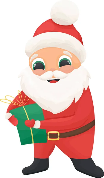 お祝いのグリーティングカードと陽気な漫画サンタ サンタは冬の休日のキャラクターとギフト かわいいカードで喜びます — ストックベクタ