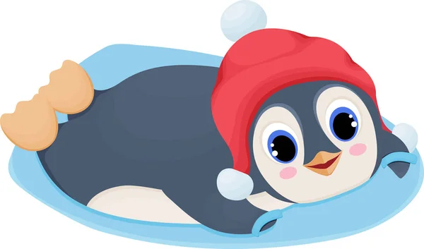 Cheerful Penguin Lies Iceboard Winter Skiing Snow Illustration Character Cartoon — Stock Vector