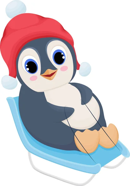 Cheerful Penguin Rides Sled Character Illustration Cartoon Character Cute Children — Stock Vector