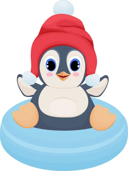 Cheerful Penguin Rides Inflatable Cheesecake Character Illustration Cartoon Character Cute — Stock Vector