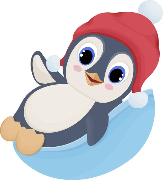 Cute Penguin Riding Sled Winter Sledding Snow Character Illustration Cartoon — Stock Vector