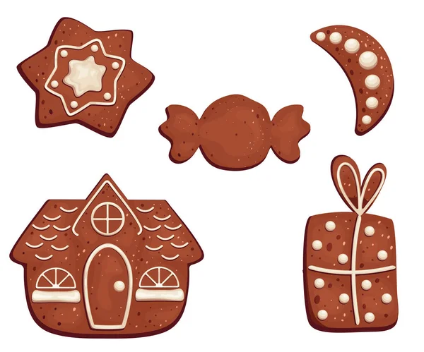 釉薬のパターン キャンディー 贈り物 食べ物のイラスト お祝いの食べ物のクリップを持つとせずにジンジャーブレッドのセット — ストックベクタ