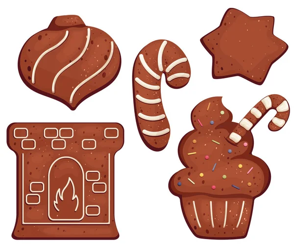 一套有或没有釉面图案的姜饼 圣诞玩具 食品插图 节庆食品派 — 图库矢量图片