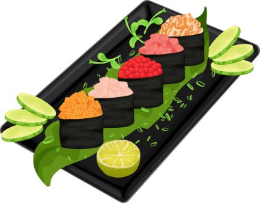 Somon, karides, istiridye, ton balığı ve havyarlı Gunkanlar. Limon, bitki ve salatalıkla çok güzel servis ediliyor. Geleneksel Asya mutfağının vektör çizimi, sağlıklı yiyecekler, yemek pişirme, menü, deniz ürünleri. yemek çizimi