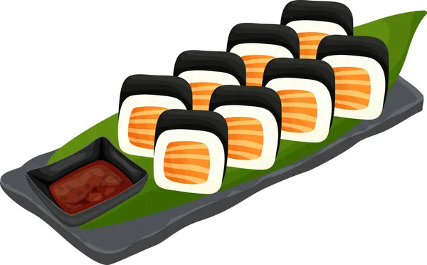 Sushi Med Lax Maki Sushi Med Sås Klippdelar Vektor Illustration — Stock vektor