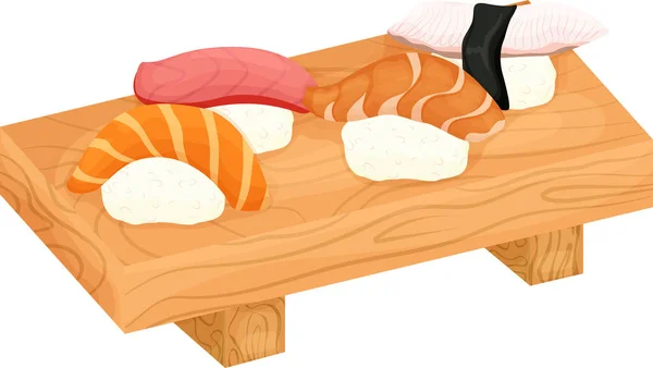 Nigiri Med Lax Tonfisk Räkor Vacker Serveringsrätt Träskiva Japansk Maträtt — Stock vektor