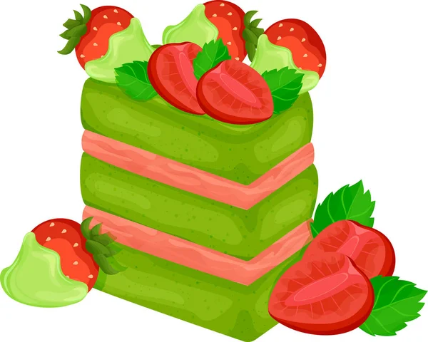 配以草莓奶油 草莓和绿茶叶作装饰的Matcha蛋糕 覆盖着巧克力的草莓 绿茶甜点 食物派 — 图库矢量图片
