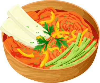 Yemek çizimi, sebzeli kimchi, salatalık, tatlı biber, tofu dilimleri ve yeşillikler. Kore yemeği, sağlıklı beslenme, yemek pişirme, menü. Vektör illüstrasyonu