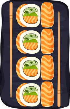 Somon, salatalık ve avokadoyla suşi. Yemek çizimi. Vektör çizimi. Asya yemekleri