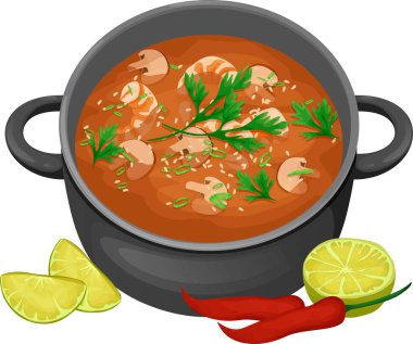 Tom Yum çorbası, karides, şitake mantarı, acı biber, limon, susam tohumu ve bitki. Yemek çizimi. Vektör çizimi. Asya yemekleri