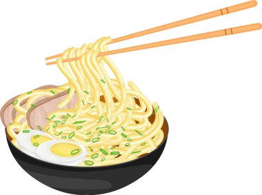 Karides, şitake mantarı, haşlanmış yumurta ve sebzeli Udon. Yiyeceklerin vektör çizimi. Asya yemekleri.