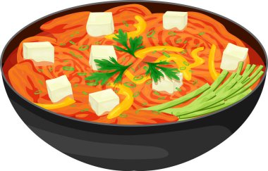 Yemek çizimi, sebzeli kimchi, salatalık, tatlı biber, tofu dilimleri ve yeşillikler. Kore yemeği, sağlıklı beslenme, yemek pişirme, menü. Vektör illüstrasyonu