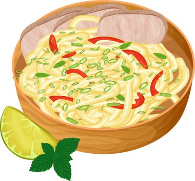 Vietnam Pho Bo çorbası et, erişte, tatlı biber, fesleğen, nane, limon ve yeşil soğanlı. Yemek illüstrasyonu