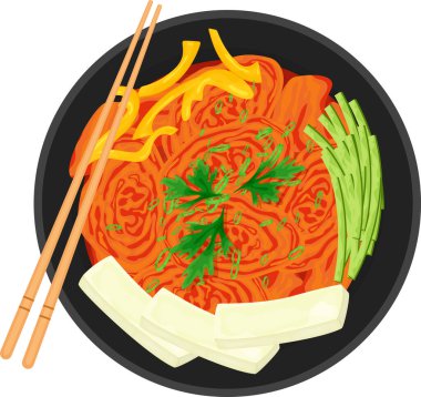 Yemek çizimi, sebzeli kimchi, salatalık, tatlı biber, tofu dilimleri ve yeşillikler. Kore yemeği, sağlıklı beslenme, yemek pişirme, menü. Vektör illüstrasyonu