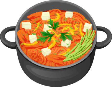 Yemek çizimi, sebzeli kimchi, salatalık, tatlı biber, tofu dilimleri ve yeşillikler. Kore yemeği, sağlıklı beslenme, yemek pişirme, menü. Vektör illüstrasyonu