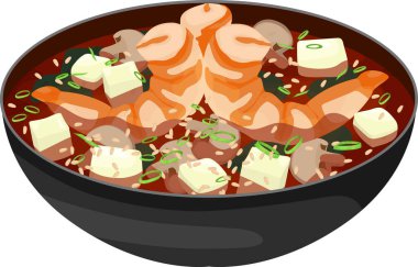 Karides, yosun, tofu, shiitake mantarı, susam ve yeşil soğanlı Miso çorbası.