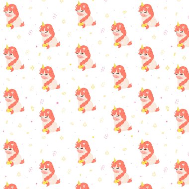 Sihirli tek boynuzlu at karakteri olan hoş, pürüzsüz bir desen. Kırmızı yeleli çocuk çizgi film karakteri, çocuk deseni.