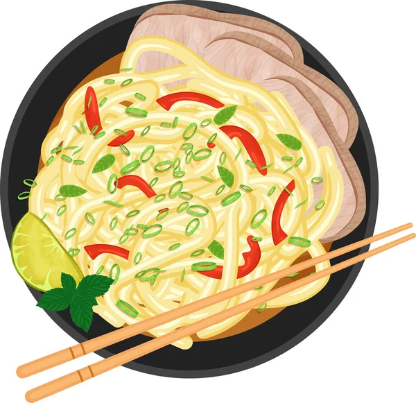 Vietnam Pho Bo çorbası et, erişte, tatlı biber, fesleğen, nane, limon ve yeşil soğanlı. Yemek illüstrasyonu
