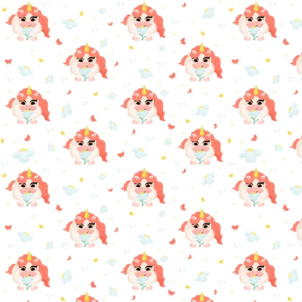  Cute seamless pattern with a magical unicorn character. Children's cartoon character with red mane, children's pattern