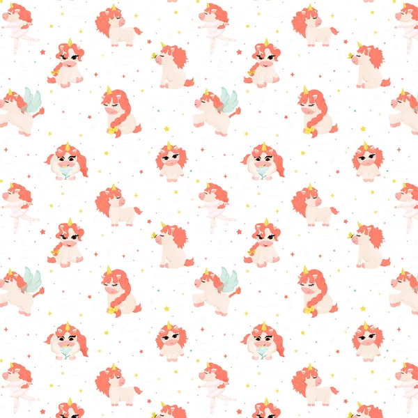 Cute seamless pattern with a magical unicorn character. Children's cartoon character with red mane, children's pattern