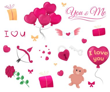 Sevgililer Günü klip seti, gül, bir sürü balon, mektup, ok, hediye, yay, yazı.