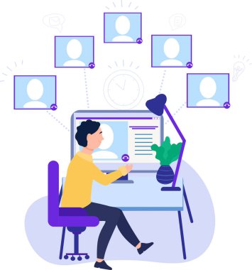 Sanal iletişim kavramı. Vektör çizimi. Sanal toplantı. Sosyal ağ iletişimi kavramı. Uzaktan iletişim konsepti. İnternet iletişimi. 