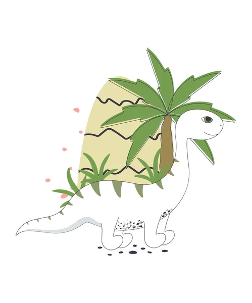 Illustration with dinosaur and decorations, palm trees, mountains, cute dinosaur