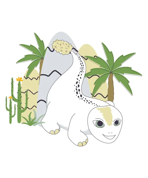 Illustration with dinosaur and decorations, cacti, palm trees, mountains, cute dinosaur