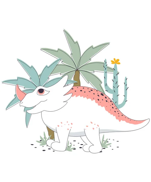 Illustration with dinosaur and decorative palms and cacti, cute dinosaur