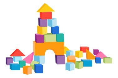 Illustration of children's toys, children's game, bright cubes, tower of cubes, clipart. Colorful baby shower cliparts or print for invitations, greeting cards, posters, etc