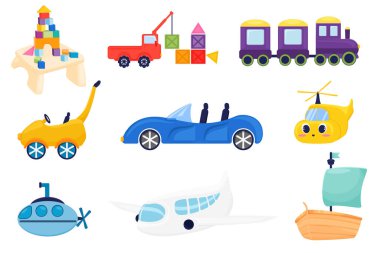 Illustration of kids toys, play with cubes, cars, airplane, helicopter, submarine, ship, clipart illustrations for kids. Cute clipart for baby shower or print for invitations, greeting cards, posters, etc