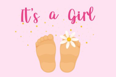 Postcard for newborns with text It's a girl. Baby little feet with a flower. Cute baby shower clipart or print for invitations, greeting cards, posters, etc