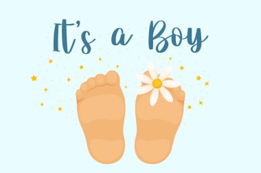 Postcard for newborns with text It's a boy. Baby little feet with a flower. Cute baby shower clipart or print for invitations, greeting cards, posters, etc