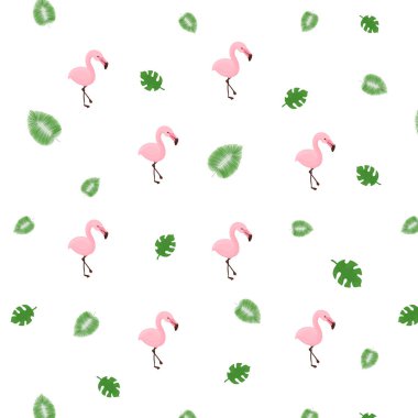 Seamless pattern with cartoon animal, flamingo, pattern with animals and decorative tropical leaves, bright pattern, children's pattern