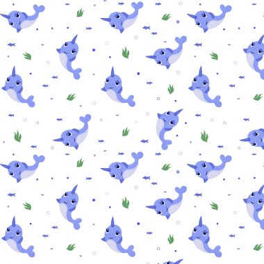Seamless pattern with cartoon animal, narwhal, sea animal, pattern with animals and decorative elements, algae, fish, bright pattern, children's pattern