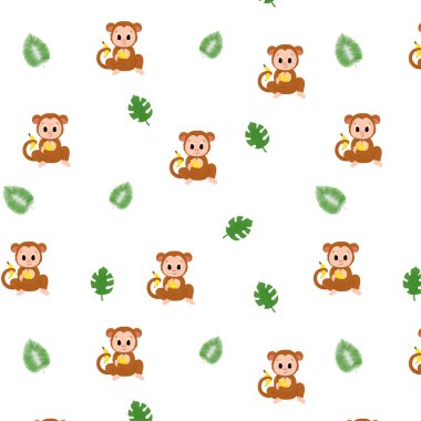 Seamless pattern with cartoon animal, monkey, pattern with animals and decorative tropical leaves and bananas, bright pattern, children's pattern