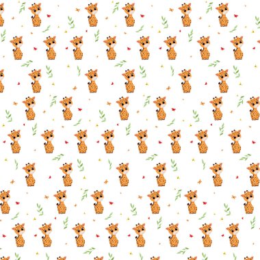 Seamless pattern with cartoon animal, giraffe, pattern with animals and decorative leaves and beautiful colorful butterflies, bright pattern, children's pattern