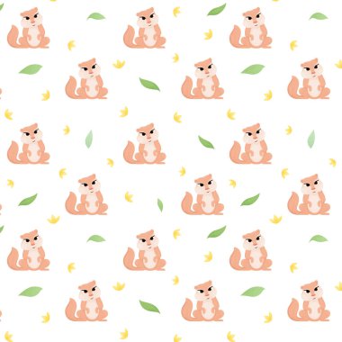 Seamless pattern with cartoon animal, xerus, pattern with animals and decorative leaves and flowers, bright pattern, children's pattern
