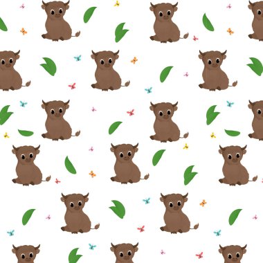 Seamless pattern with cartoon animal, yak, pattern with animals and decorative leaves and beautiful colorful butterflies, bright pattern, children's pattern